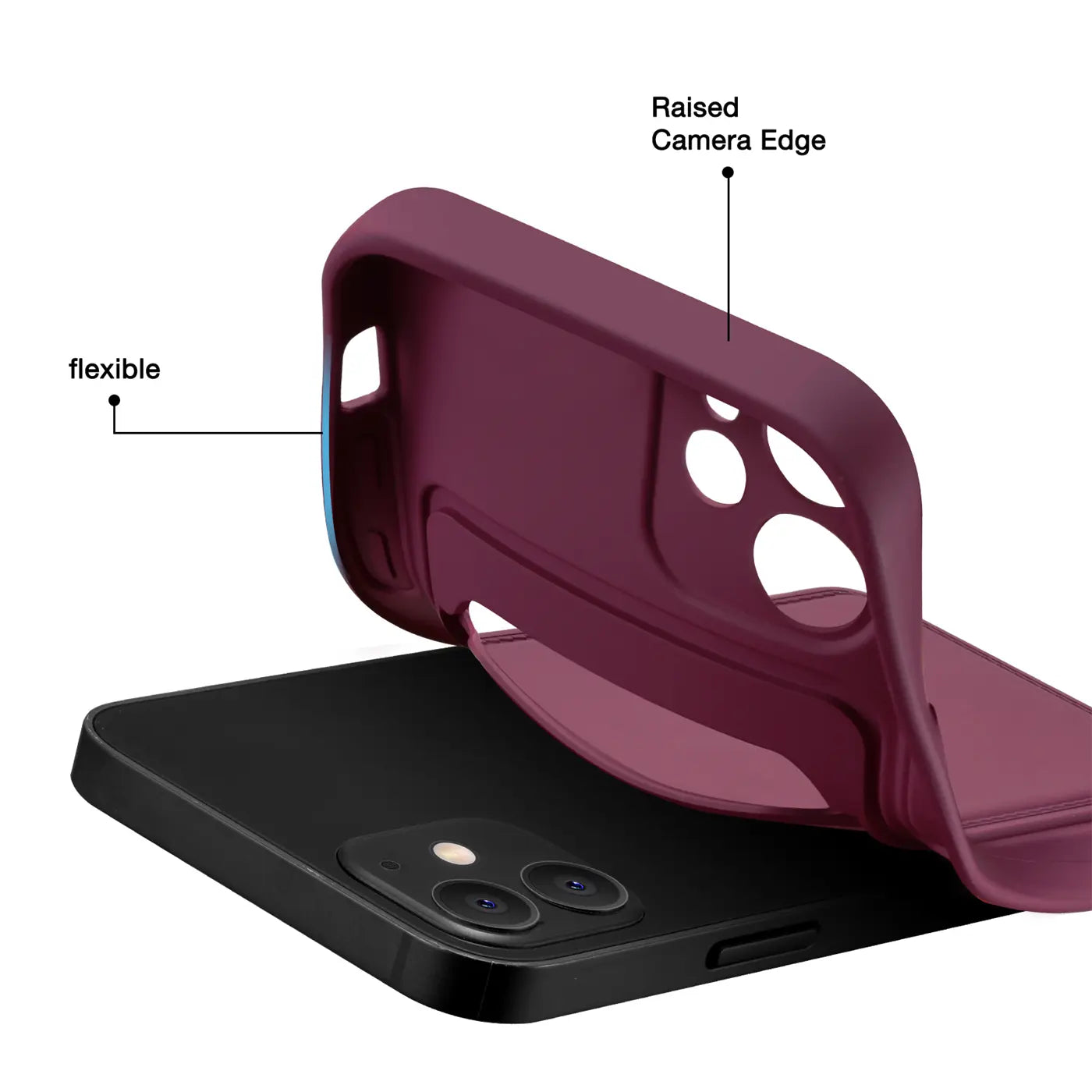 Dunkelrote, flexible Hülle über schwarzem iPhone 13, von schräg oben.