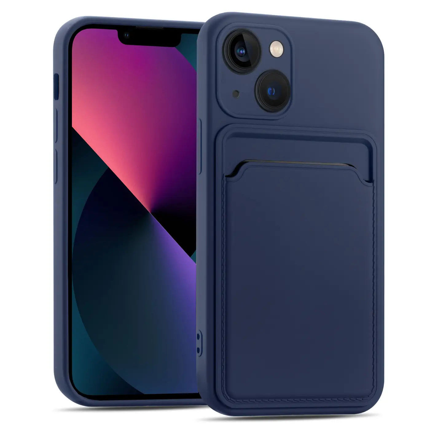 Dunkelblaue Hülle mit Kartenfach für iPhone 13 Mini, von vorne links, aus Kunststoff.