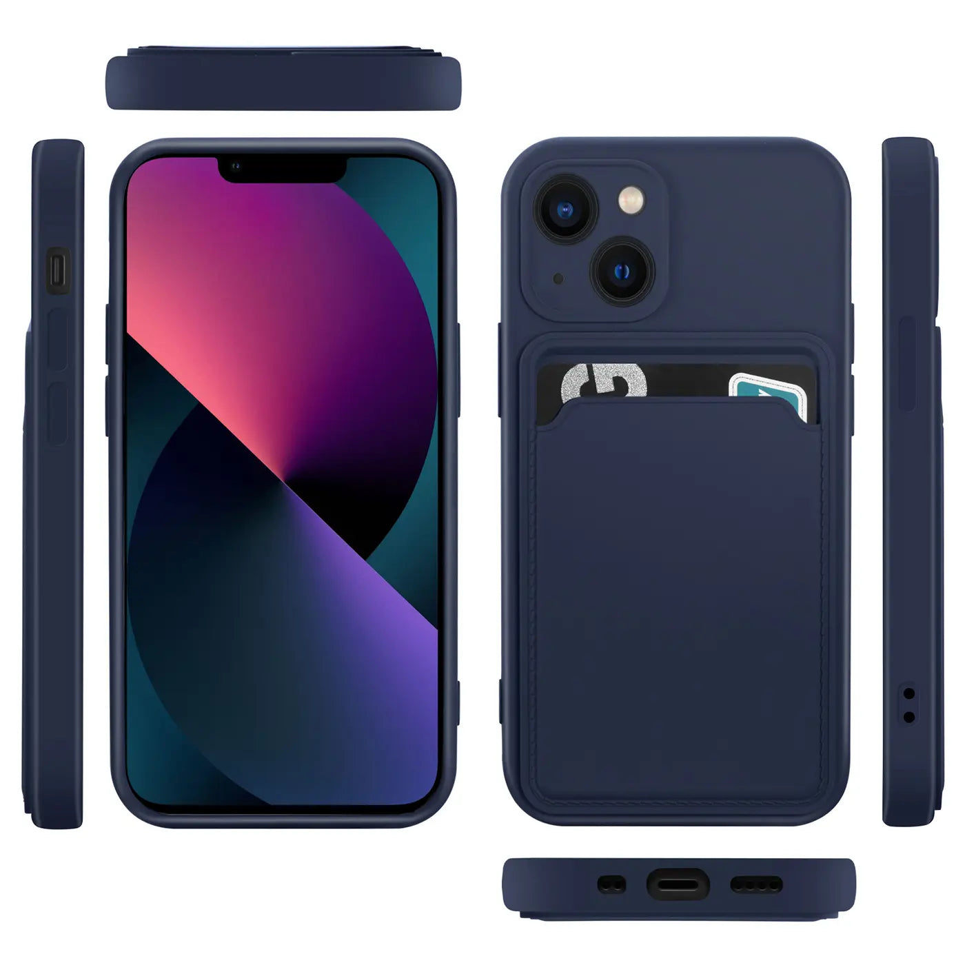 Dunkelblaue Handyhülle aus Silikon mit Kartenfach für iPhone 13 Mini, verschiedene Ansichten.