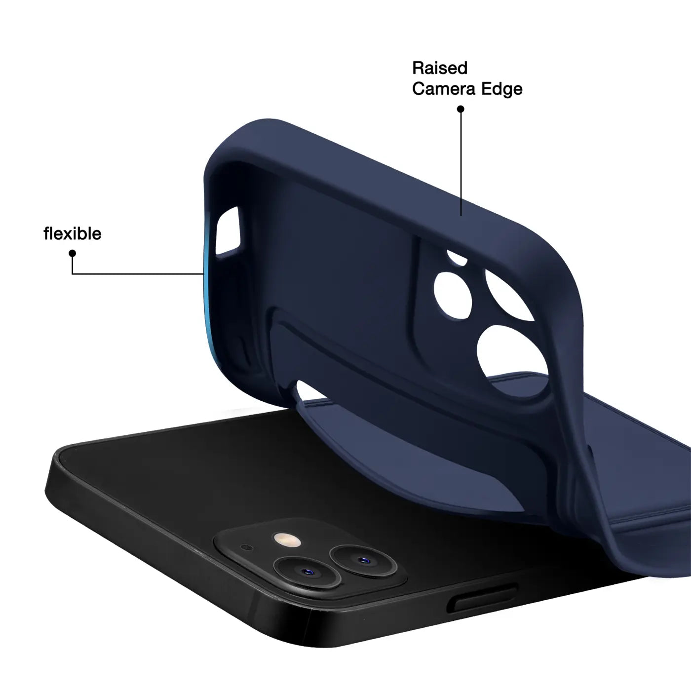 Dunkelblaue, flexible Hülle aus Kunststoff, von schräg oben über einem schwarzen iPhone 13 Mini.