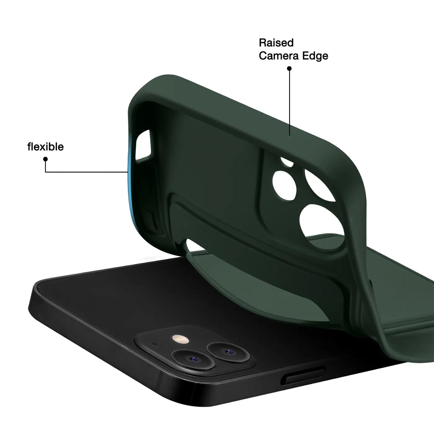 Dunkelgrüne flexible Hülle, von schräg oben auf iPhone 13 Mini gelegt.