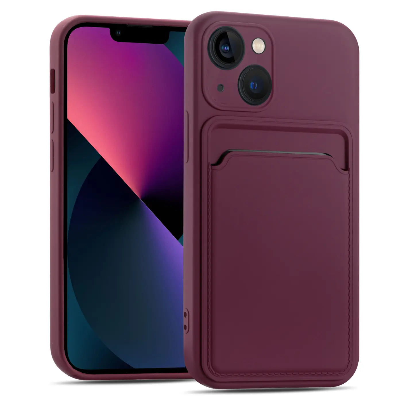 Dunkelrotes iPhone 13 Mini mit Kartenfach-Hülle, Vorder- und Rückansicht, Silikon.