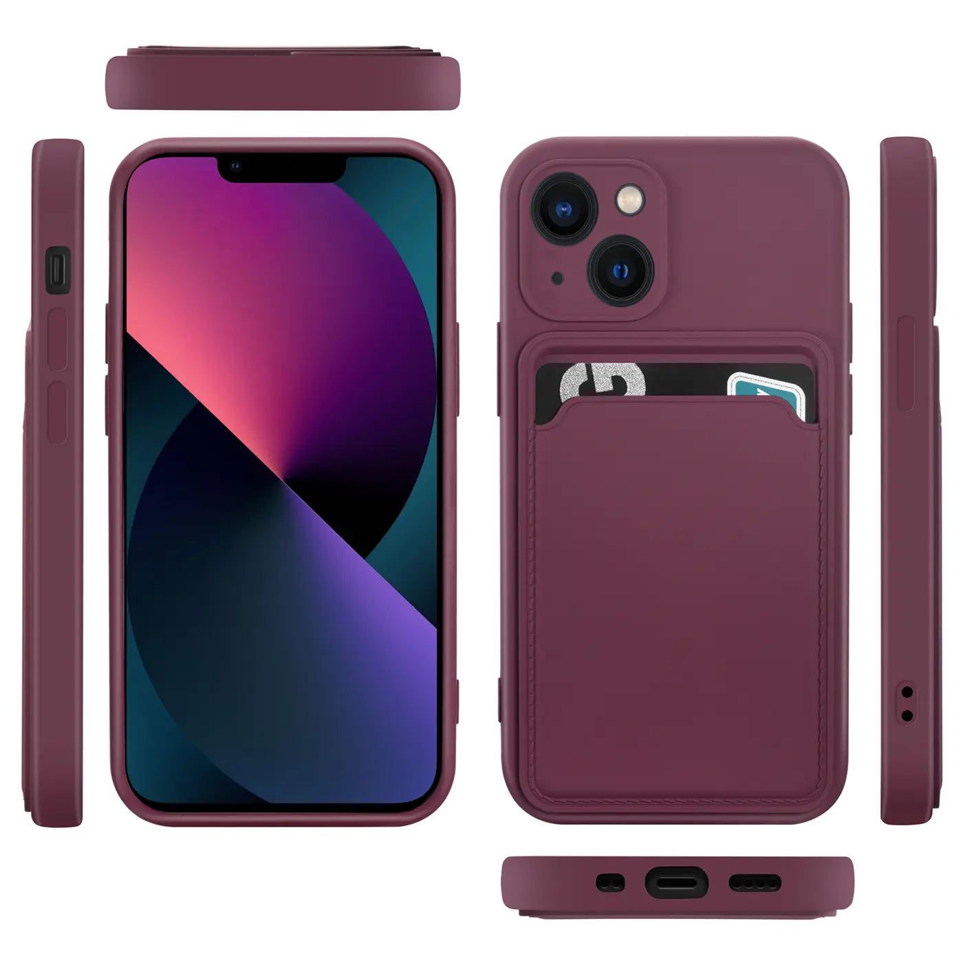 Bordeauxrote Hülle mit Kartenfach für iPhone 13 Mini, verschiedene Ansichten.