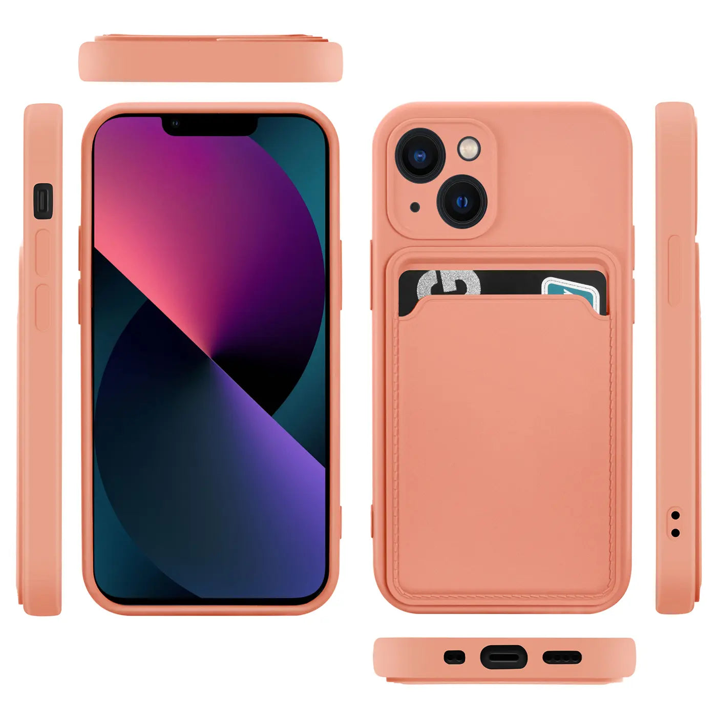 Orange Hülle aus Silikon mit Kartenfach für iPhone 13 Mini, verschiedene Ansichten.