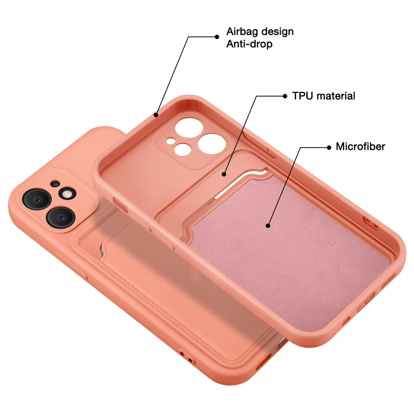 Orange TPU Hülle mit Kartenfach für iPhone 13 Mini, von oben betrachtet.