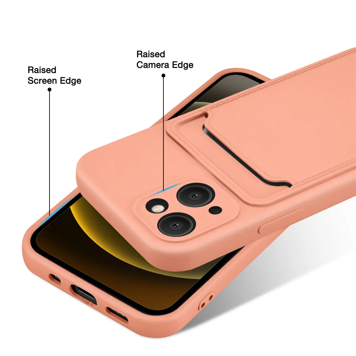 Lachsfarbene Hülle mit Kartenfach für iPhone 13 Mini, von schräg oben.