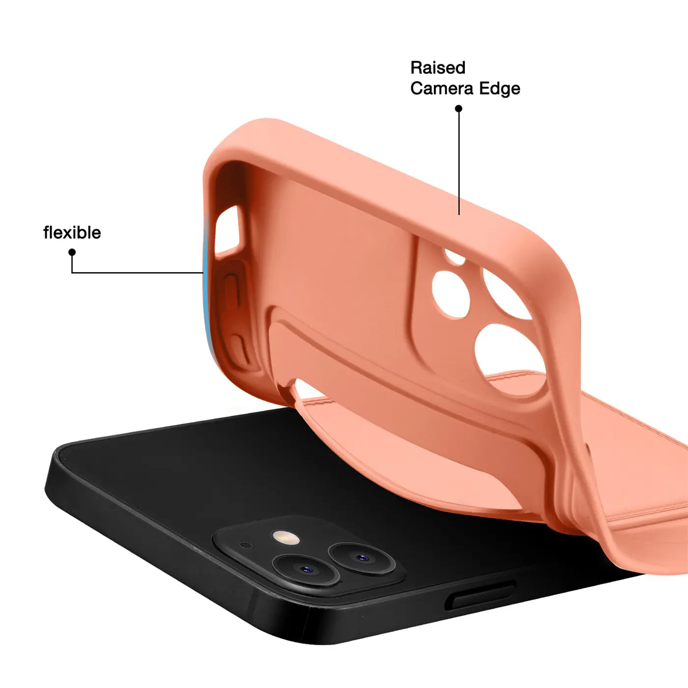 Pfirsichfarbene, flexible Hülle aus Silikon, von oben auf ein schwarzes iPhone 13 Mini gelegt.
