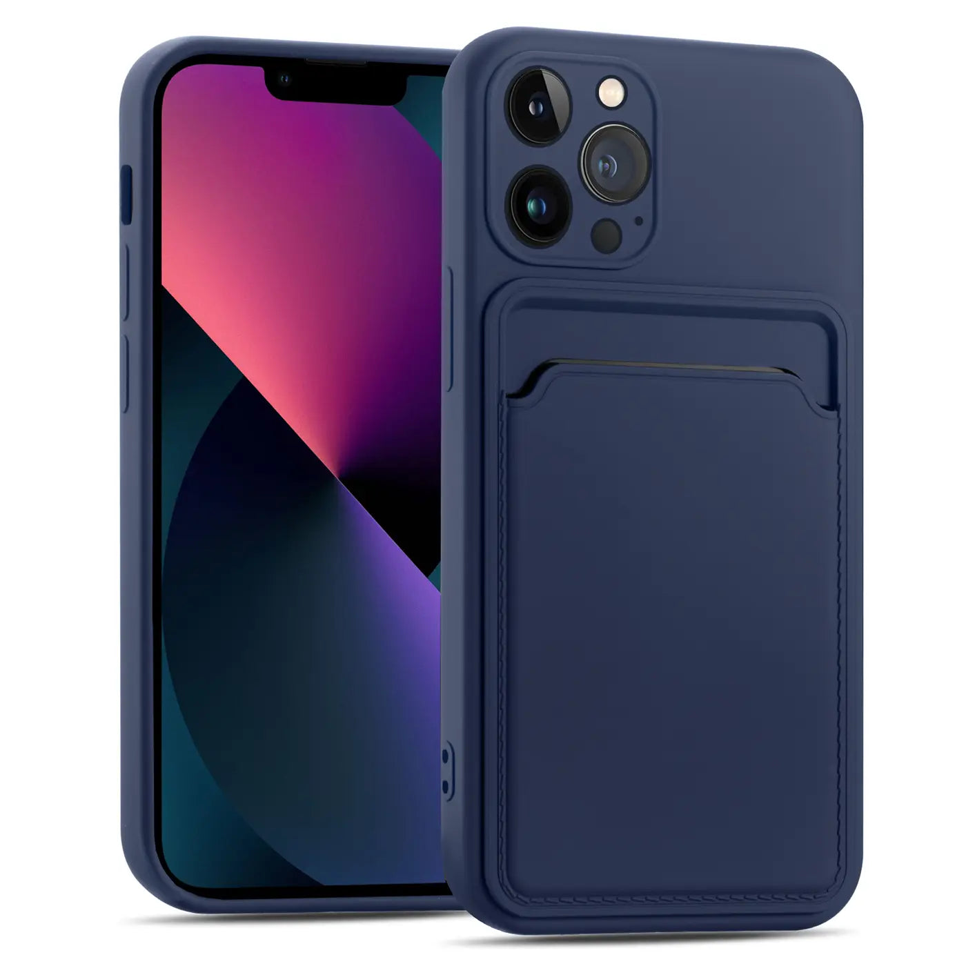 Dunkelblaue Handyhülle mit Kartenfach, iPhone 13 Pro, von vorne links, Material Kunstleder.