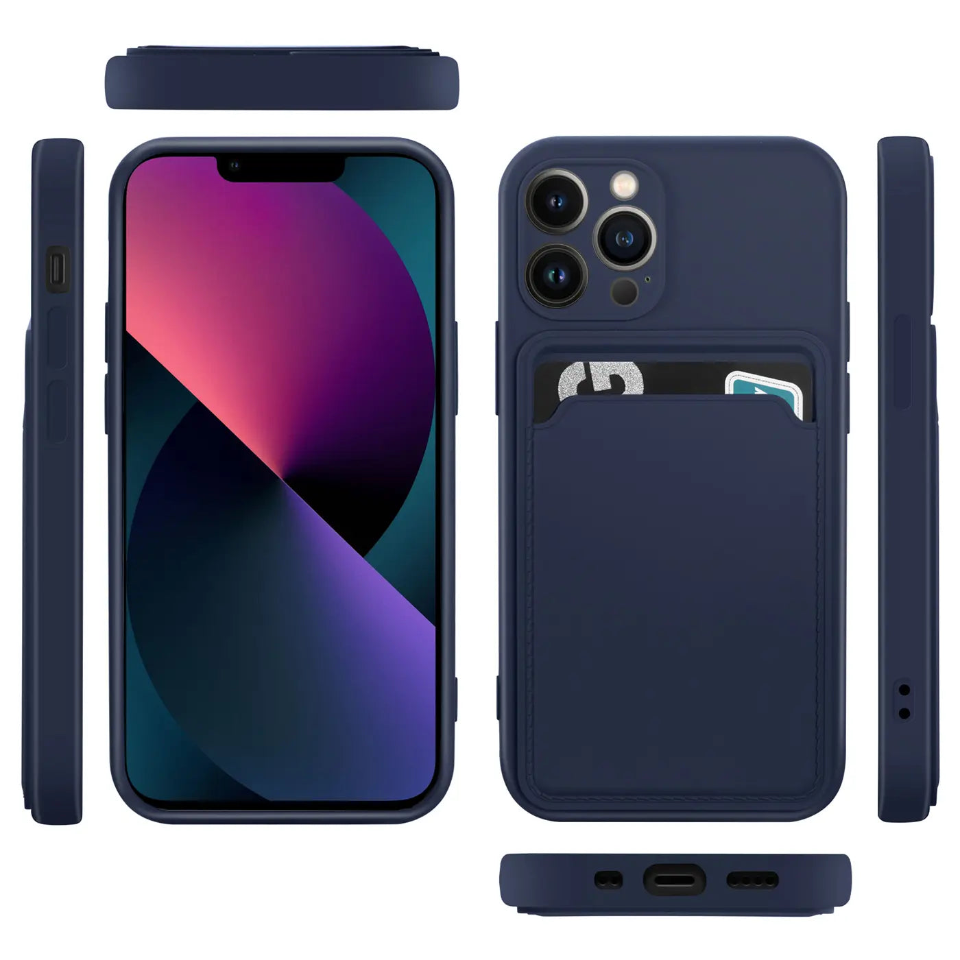 Dunkelblaue Hülle mit Kartenfach für iPhone 13 Pro, verschiedene Ansichten.