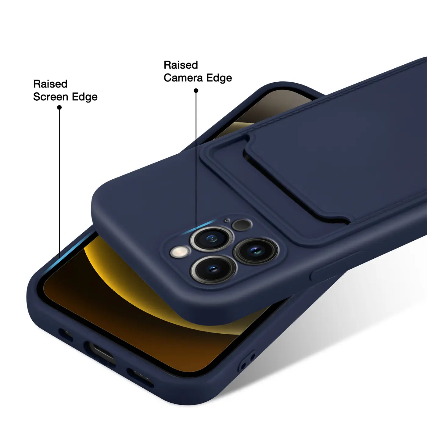 Dunkelblaue Handyhülle aus Kunststoff mit Kartenfach, zeigt iPhone 13 Pro, von schräg oben.