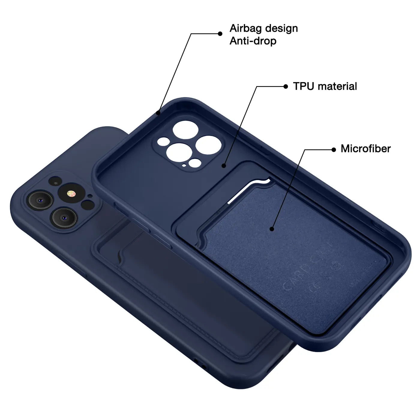 Dunkelblaue TPU-Hülle mit Kartenfach, Innenfutter aus Mikrofaser, für iPhone 13 Pro.