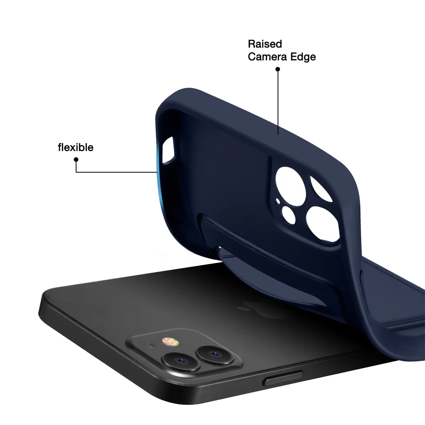 Dunkelblaue flexible Hülle wird auf iPhone 13 Pro aufgesetzt, Seitenansicht.