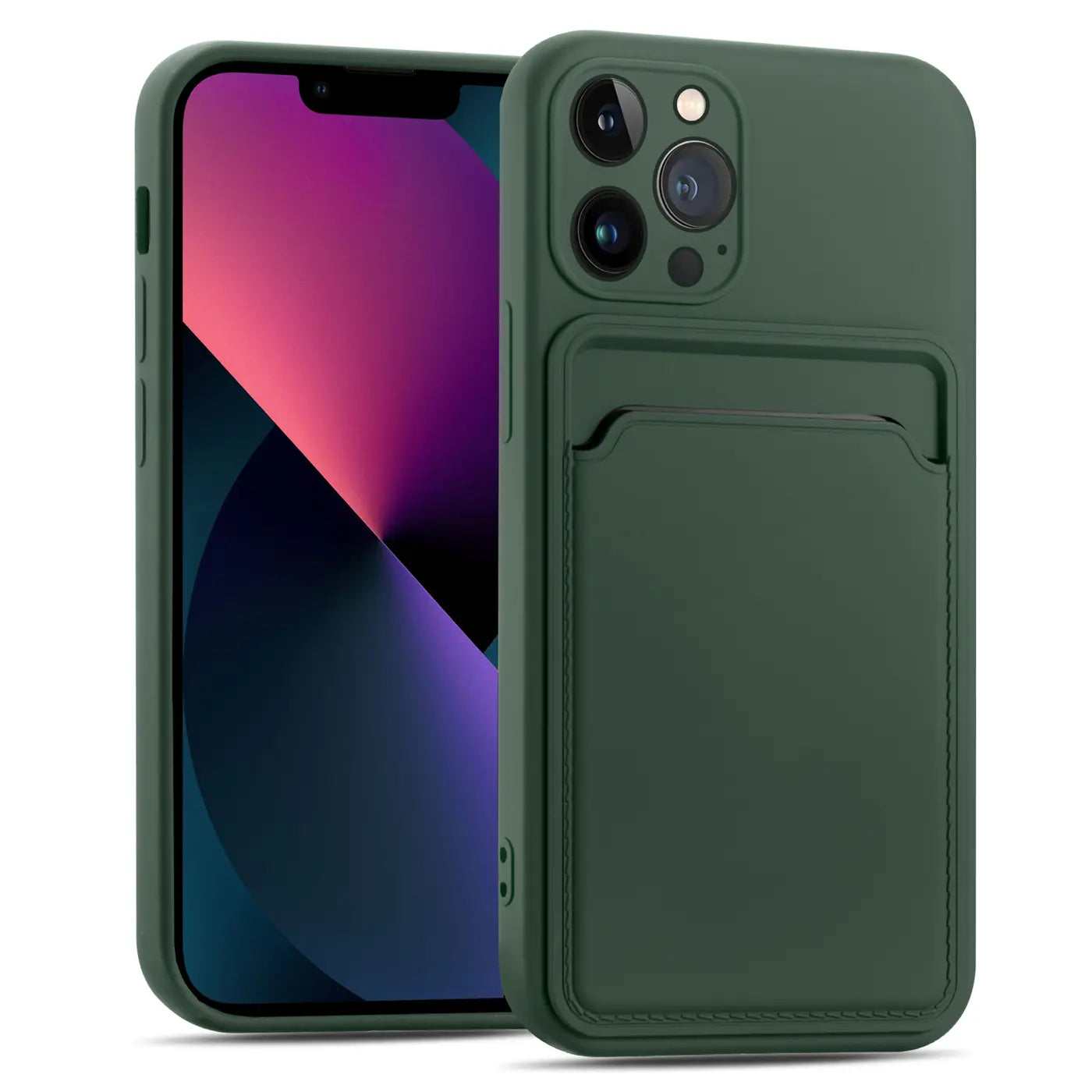 Dunkelgrüne Slim Hülle aus Leder mit Kartenfach, seitliche Ansicht, iPhone 13 Pro