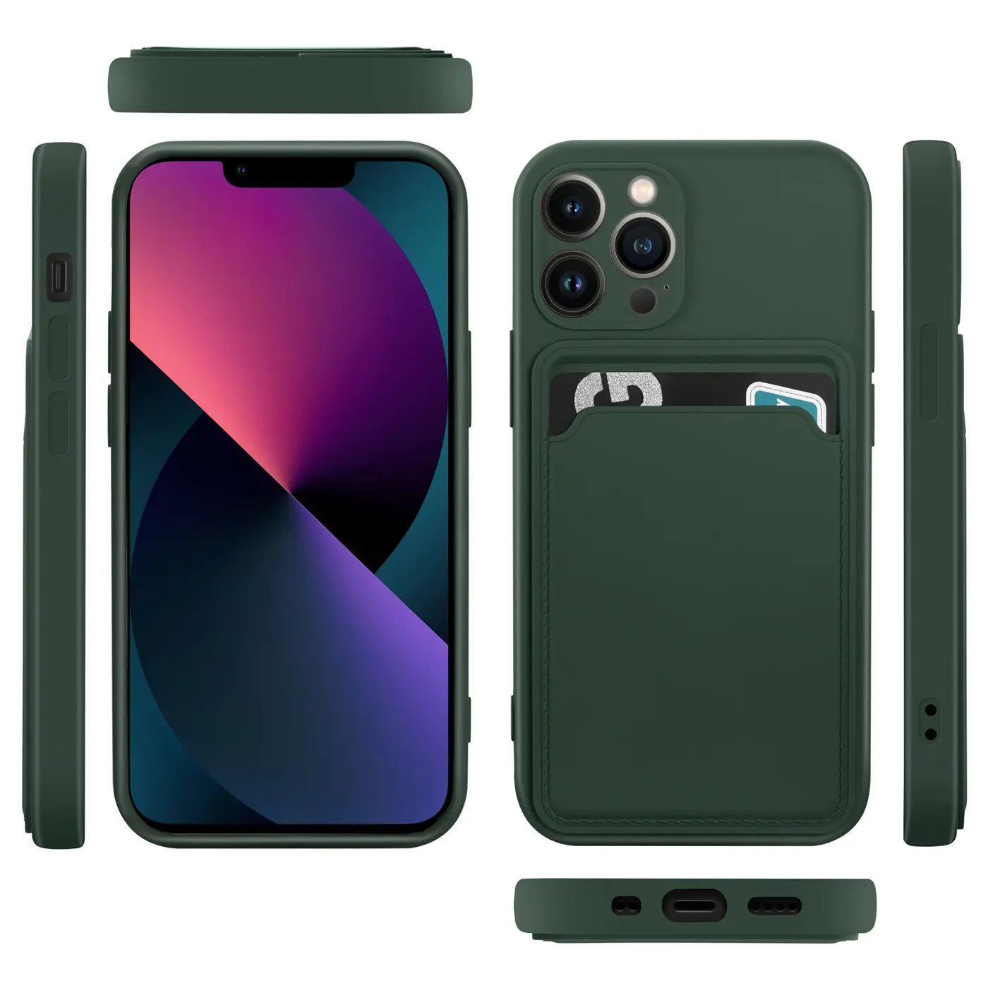 Dunkelgrüne Hülle aus Silikon für iPhone 13 Pro mit Kartenfach, verschiedene Ansichten.