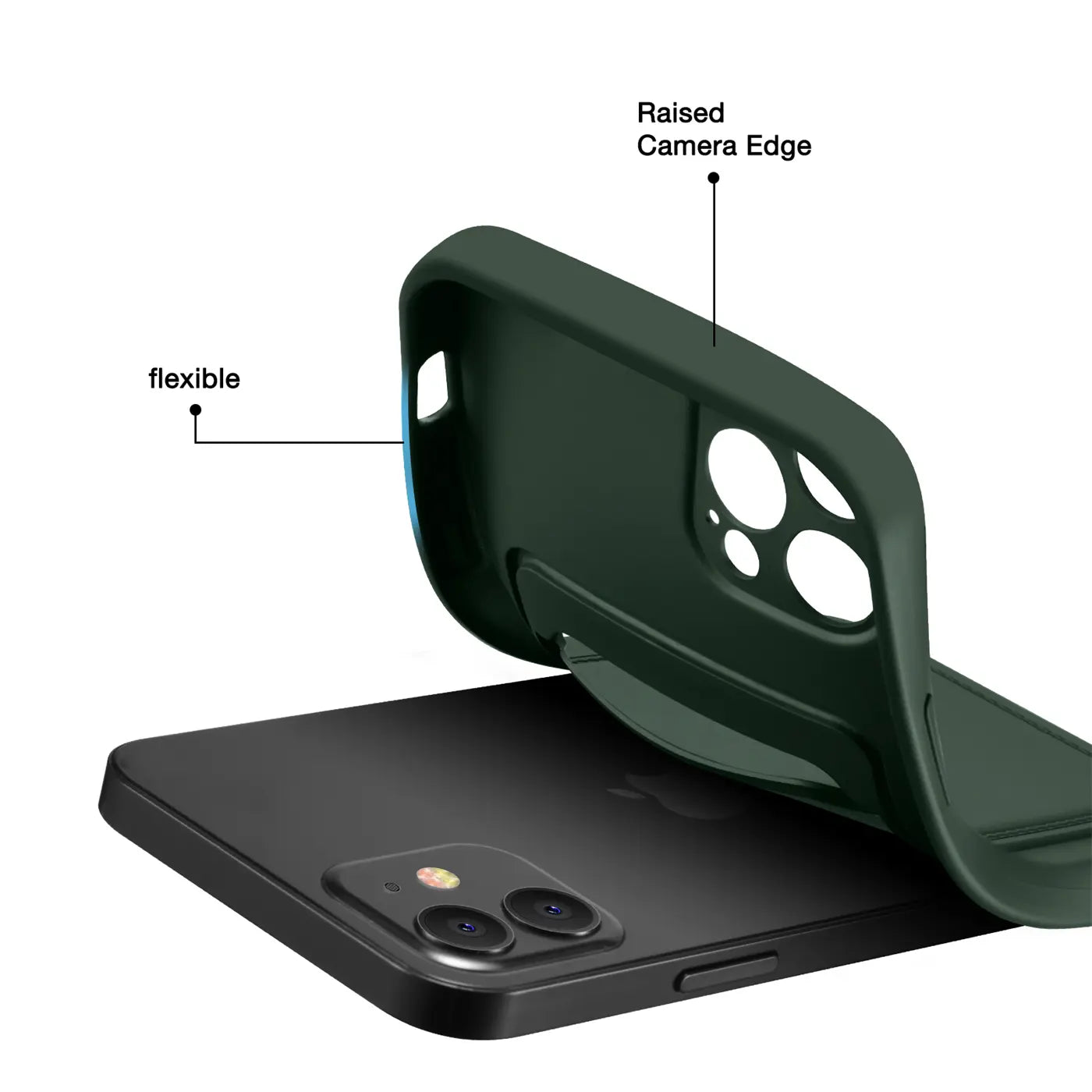 Dunkelgrüne, flexible Hülle aus Silikon, von hinten gezeigt, auf einem schwarzen iPhone 13 Pro.