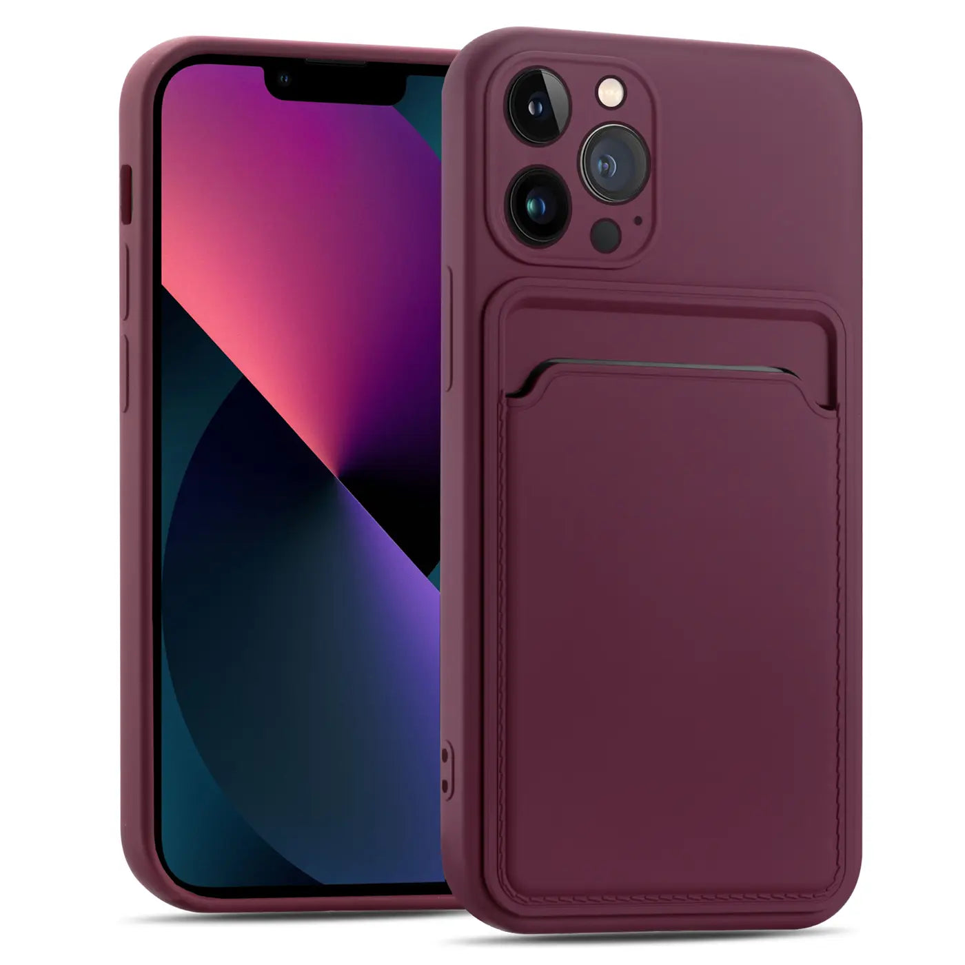 Dunkelrote Slim Hülle mit Kartenfach für iPhone 13 Pro, aus Kunststoff, von vorne links gesehen.