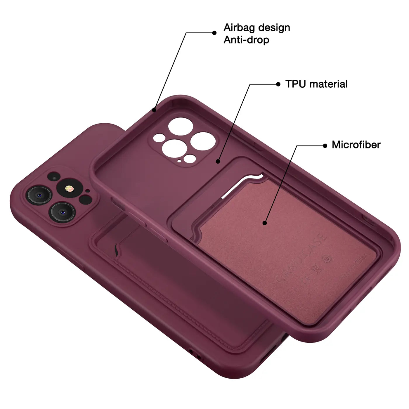 Dunkelrote TPU-Hülle mit Kartenfach für iPhone 13 Pro, von schräg oben gezeigt.