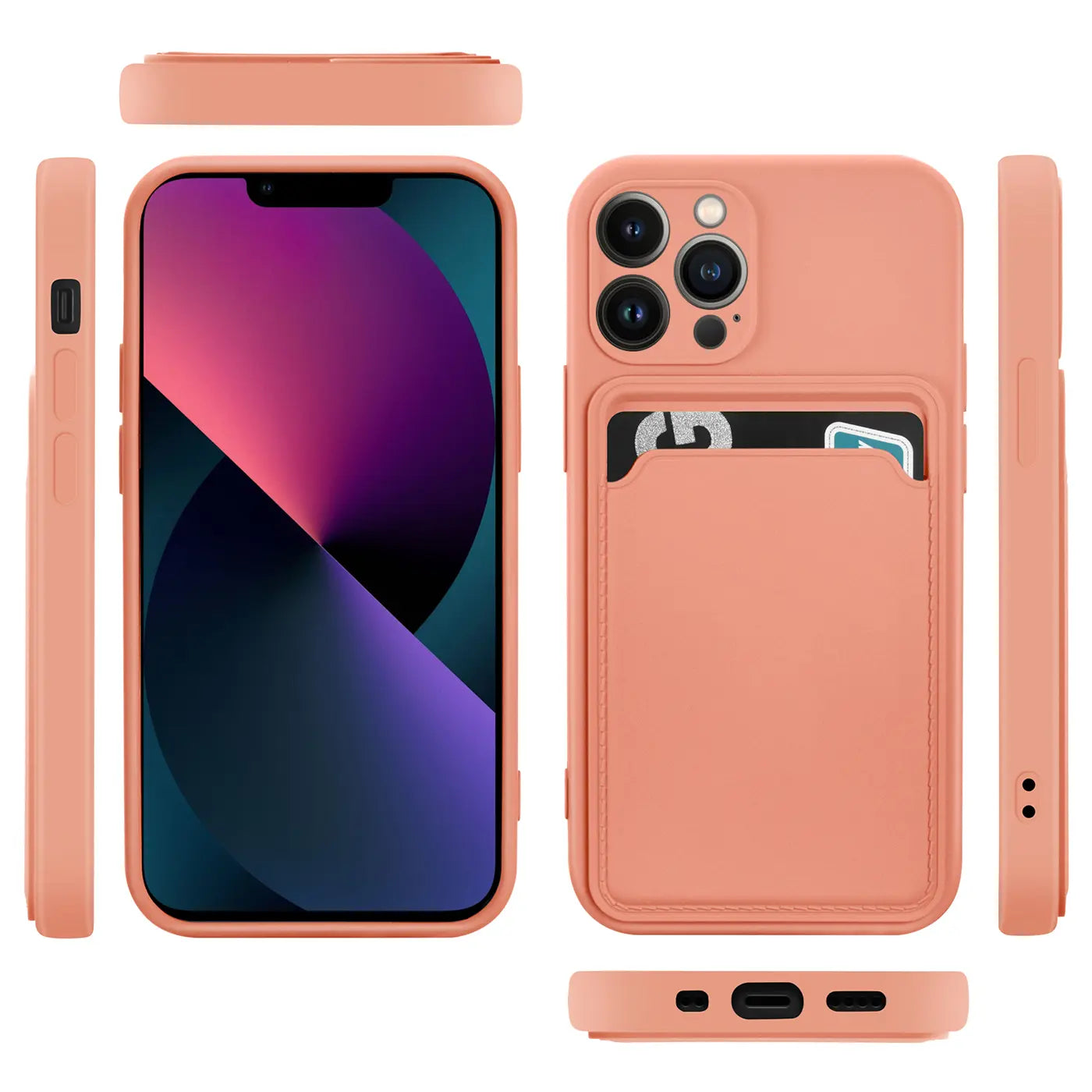 Korallefarbene Hülle mit Kartenfach für iPhone 13 Pro Max, verschiedene Ansichten.