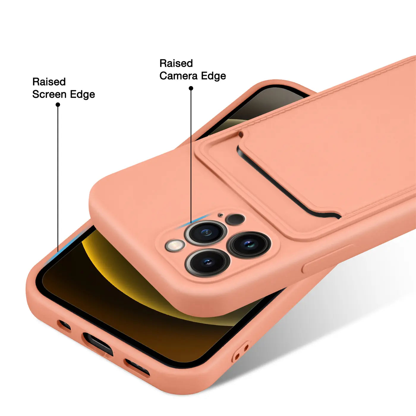 Lachsfarbene Hülle aus Kunststoff mit Kartenfach, zeigt iPhone 13 Pro Max Kameras.