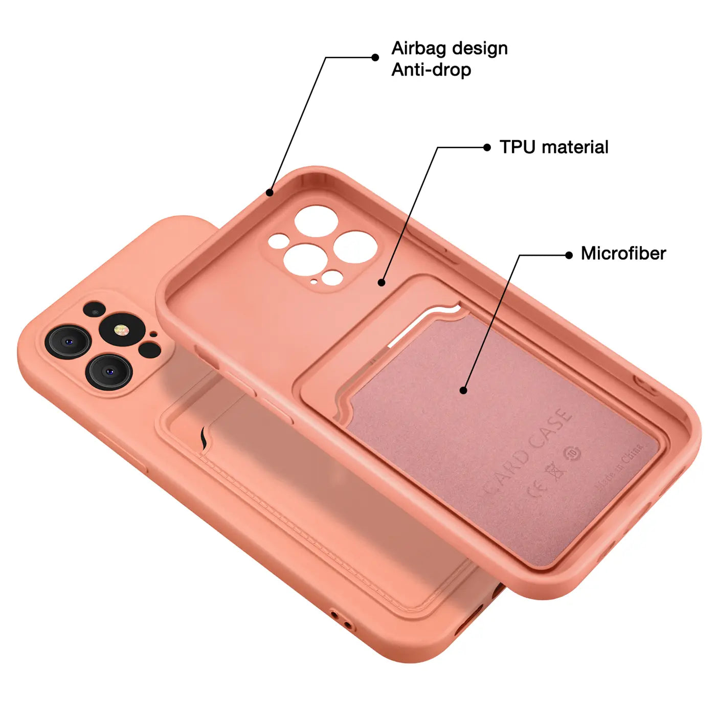 Rosa TPU-Hülle mit Kartenfach für iPhone 13 Pro, Innenfutter aus Mikrofaser, von oben gesehen.