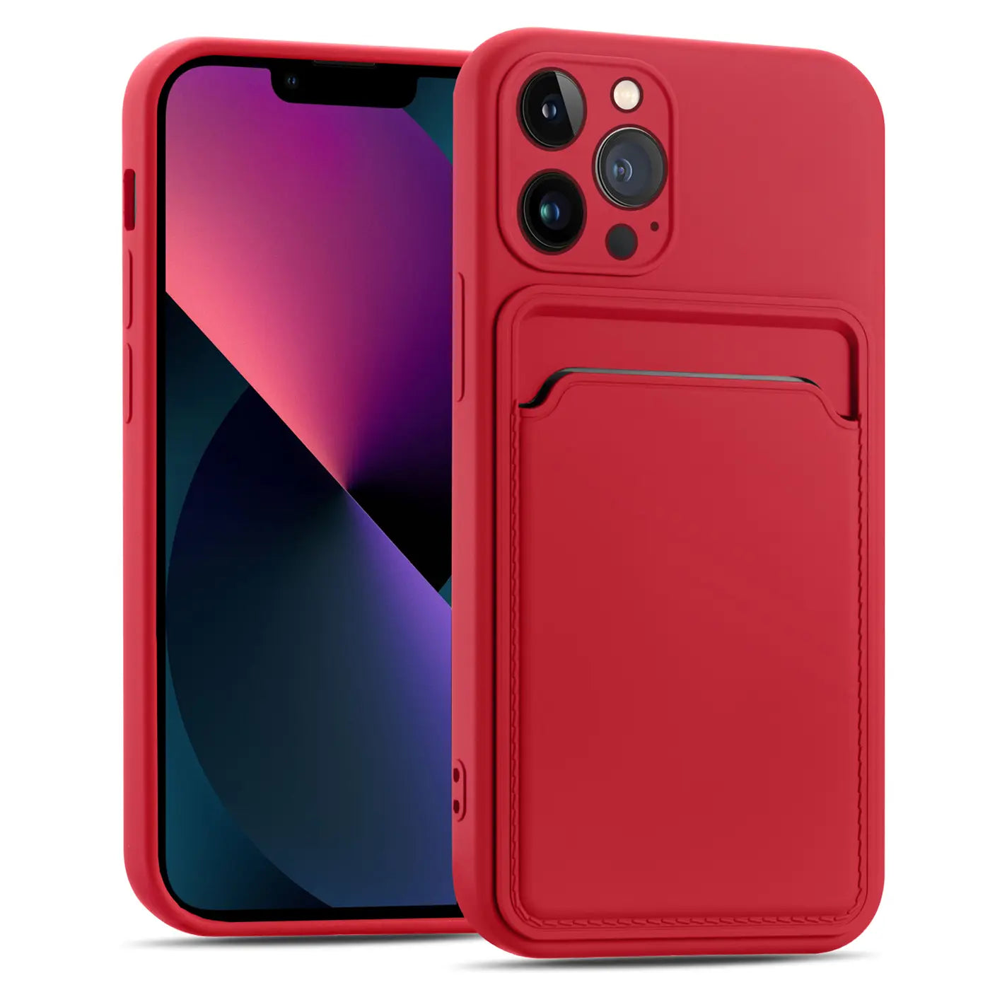 Rote Slim Hülle mit Kartenfach für iPhone 13 Pro, von vorne/leicht schräg.