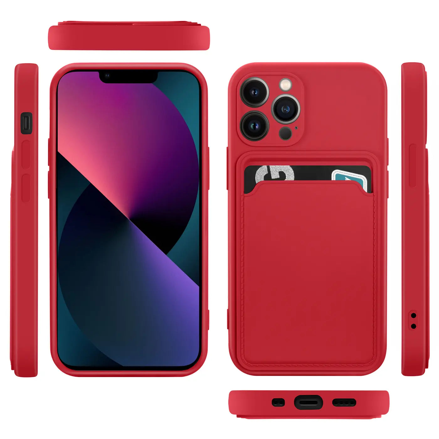 Rote Hülle mit Kartenfach für iPhone 13 Pro, aus Kunststoff, verschiedene Ansichten.