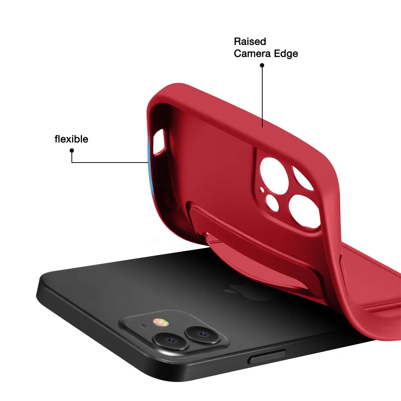 Rote flexible Hülle, von oben auf ein schwarzes iPhone 13 Pro gelegt.