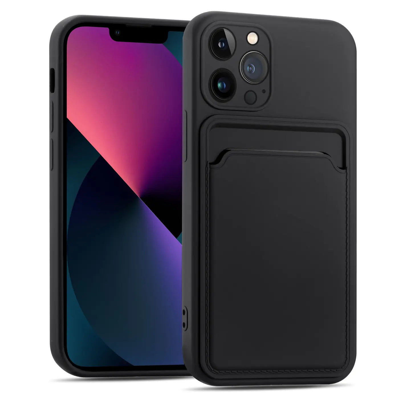 Schwarze Handyhülle mit Kartenfach, aus Kunstleder, von vorne, iPhone 13 Pro