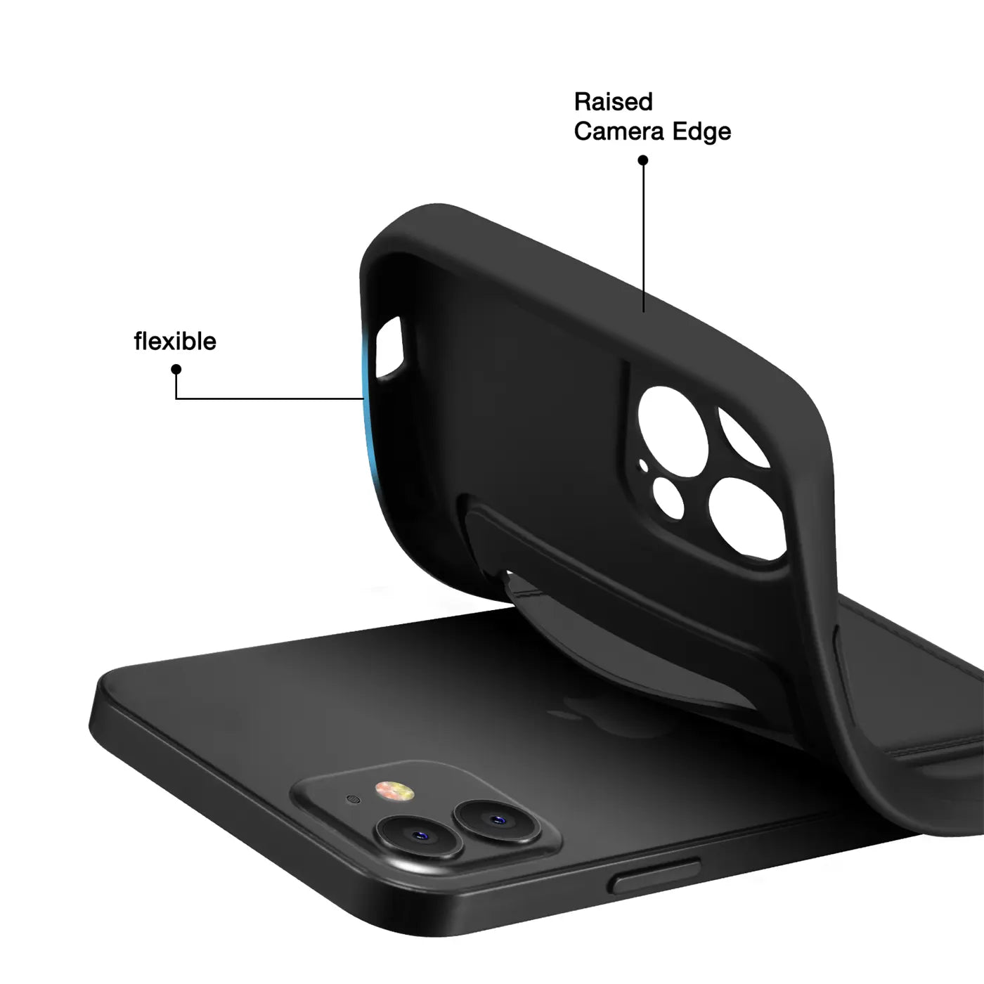 Schwarze flexible Hülle aus Kunststoff, von schräg oben, auf iPhone 13 Pro