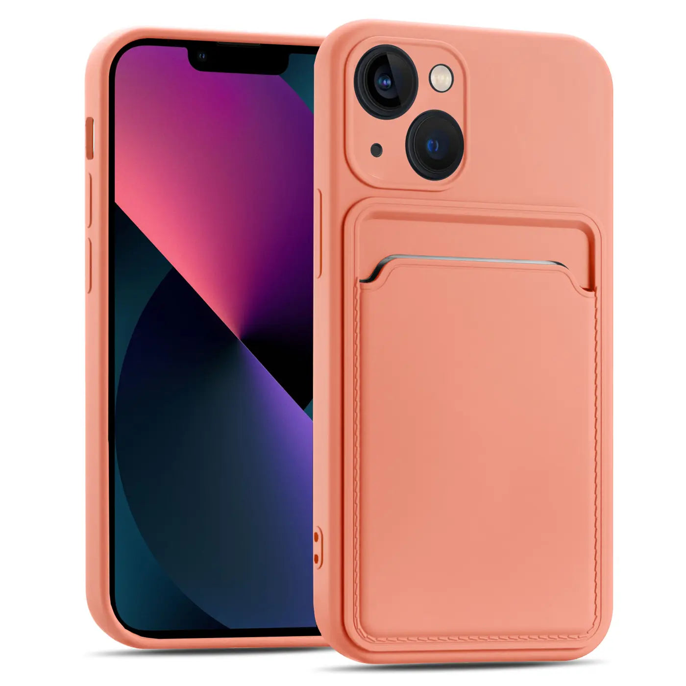 Korallenfarbene Slim Hülle aus Kunstleder mit Kartenfach, Vorderansicht, iPhone 13.