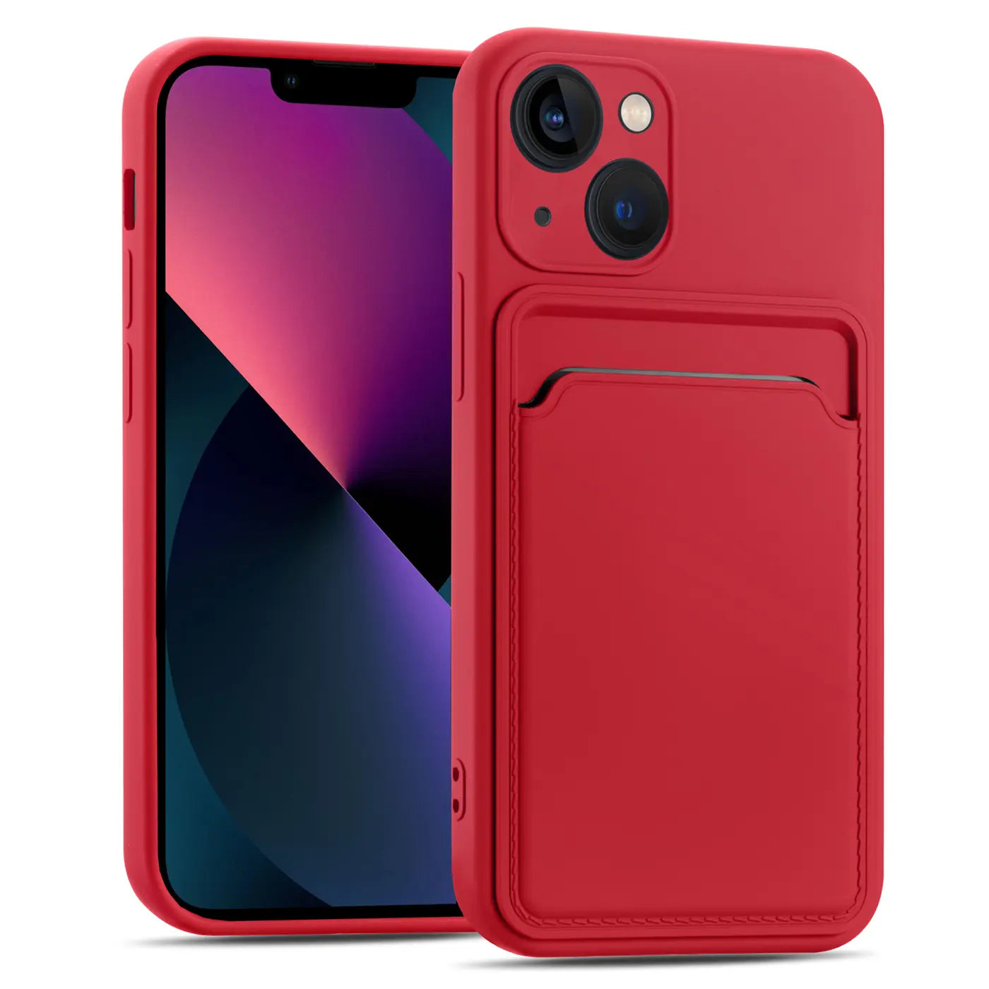 Rote Handyhülle aus Kunstleder mit Kartenfach, zeigt iPhone 13, von vorne/seitlich.