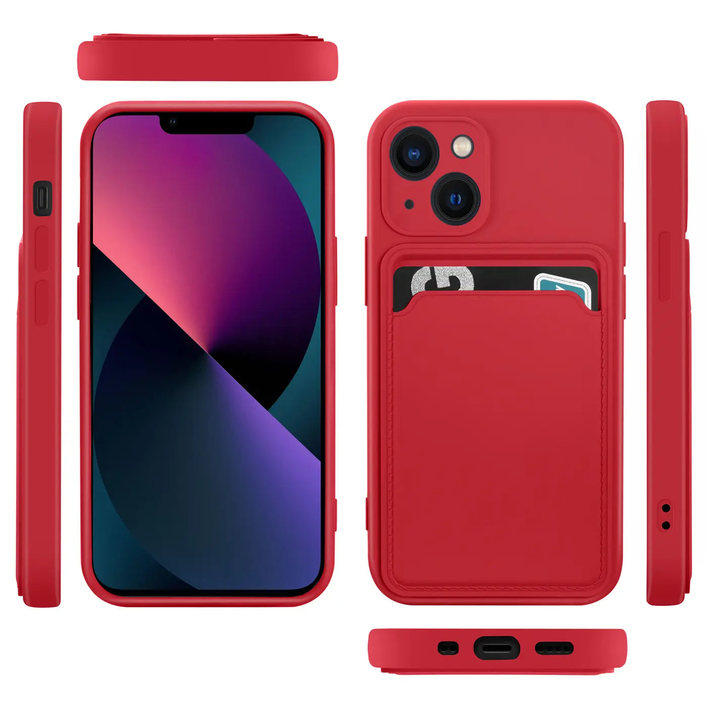 Rote Hülle mit Kartenfach für iPhone 13, aus verschiedenen Winkeln gezeigt.