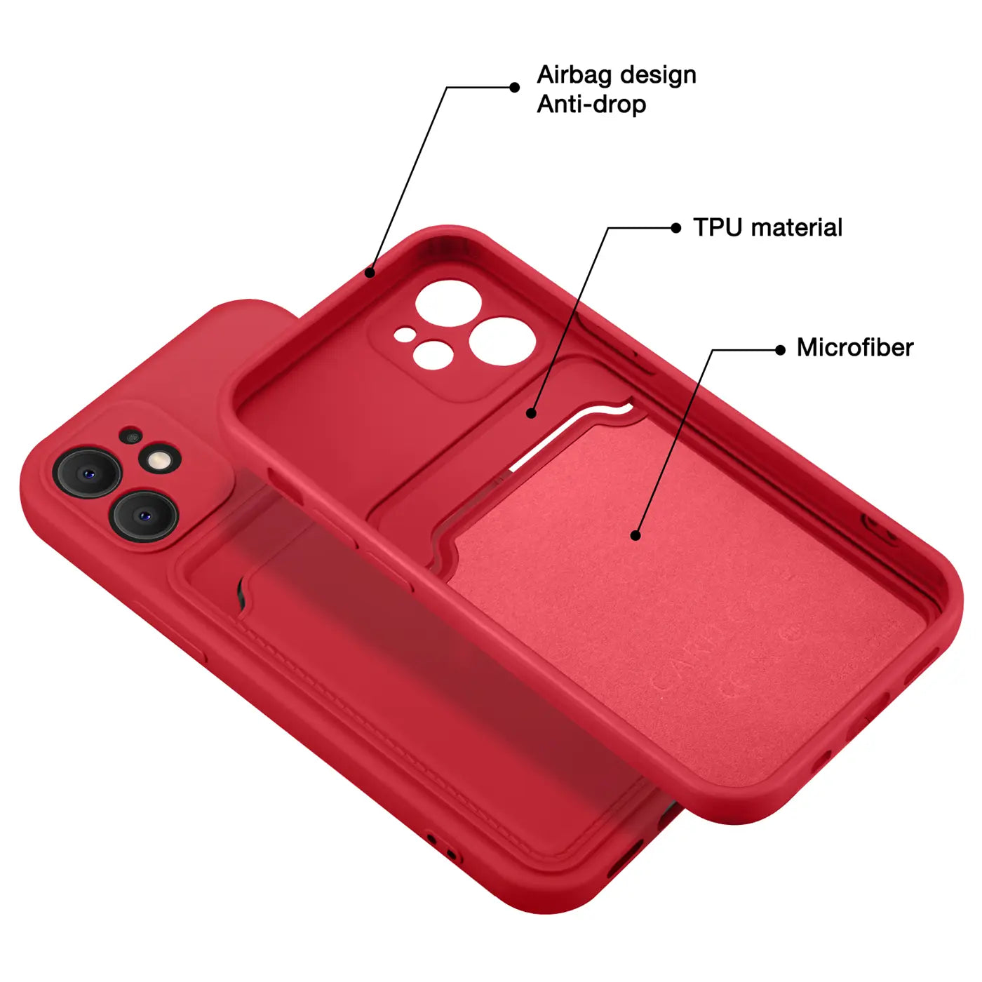 Rote TPU-Hülle mit Kartenfach für iPhone 13, von schräg oben gezeigt.