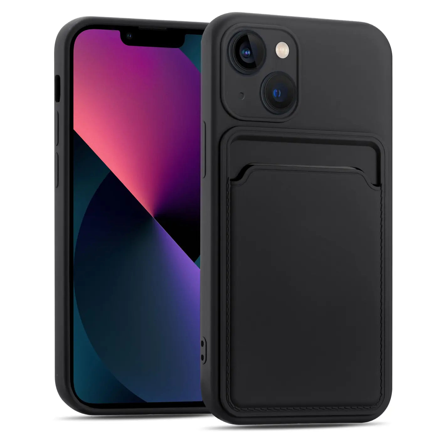Schwarze Slim Hülle mit Kartenfach für iPhone 13, von vorne leicht schräg