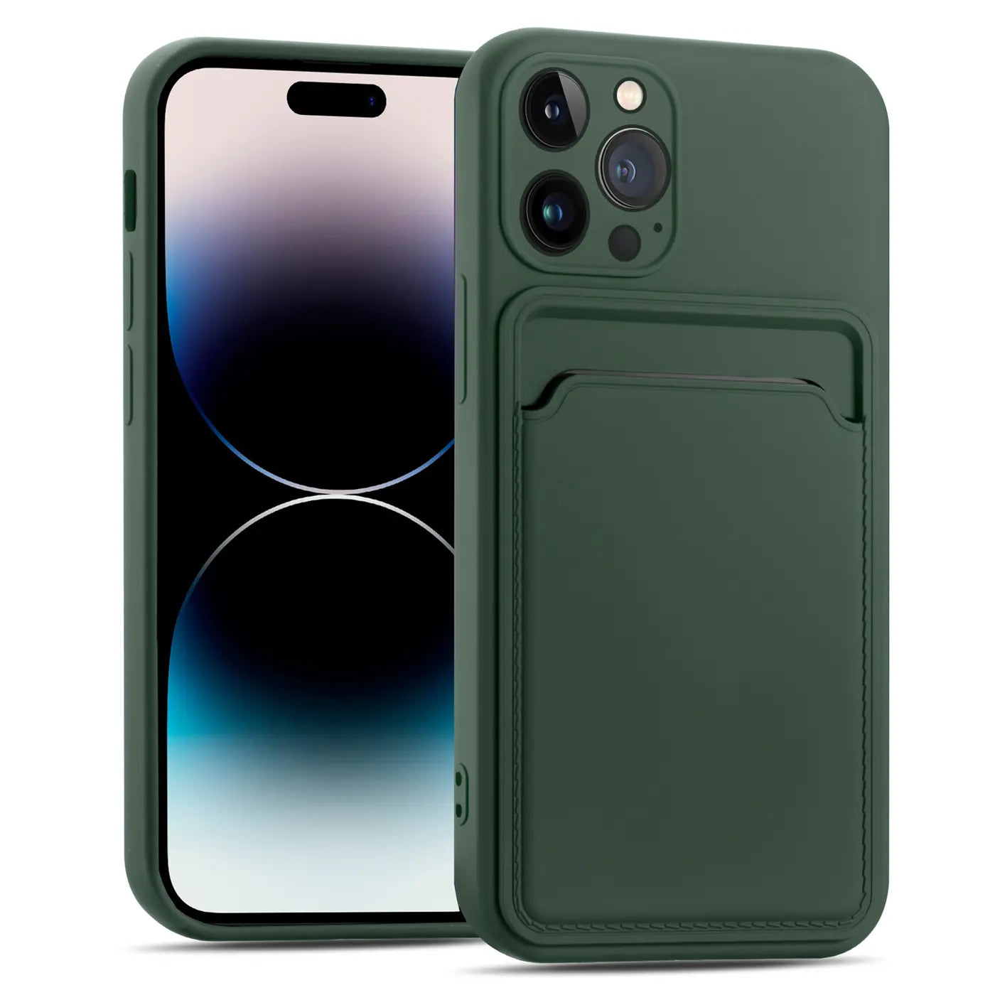 Dunkelgrüne Handyhülle aus Leder mit Kartenfach, seitliche Ansicht, iPhone 14 Pro.