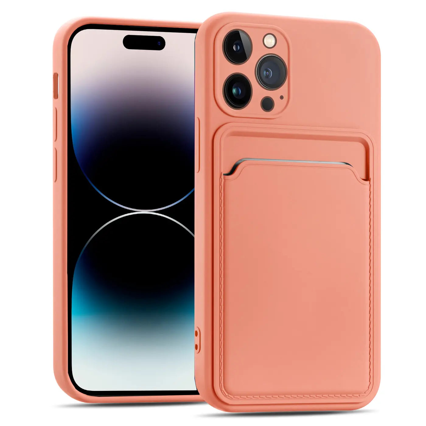 Orange Hülle mit Kartenfach für iPhone 14 Pro Max, von vorne links, Silikon.