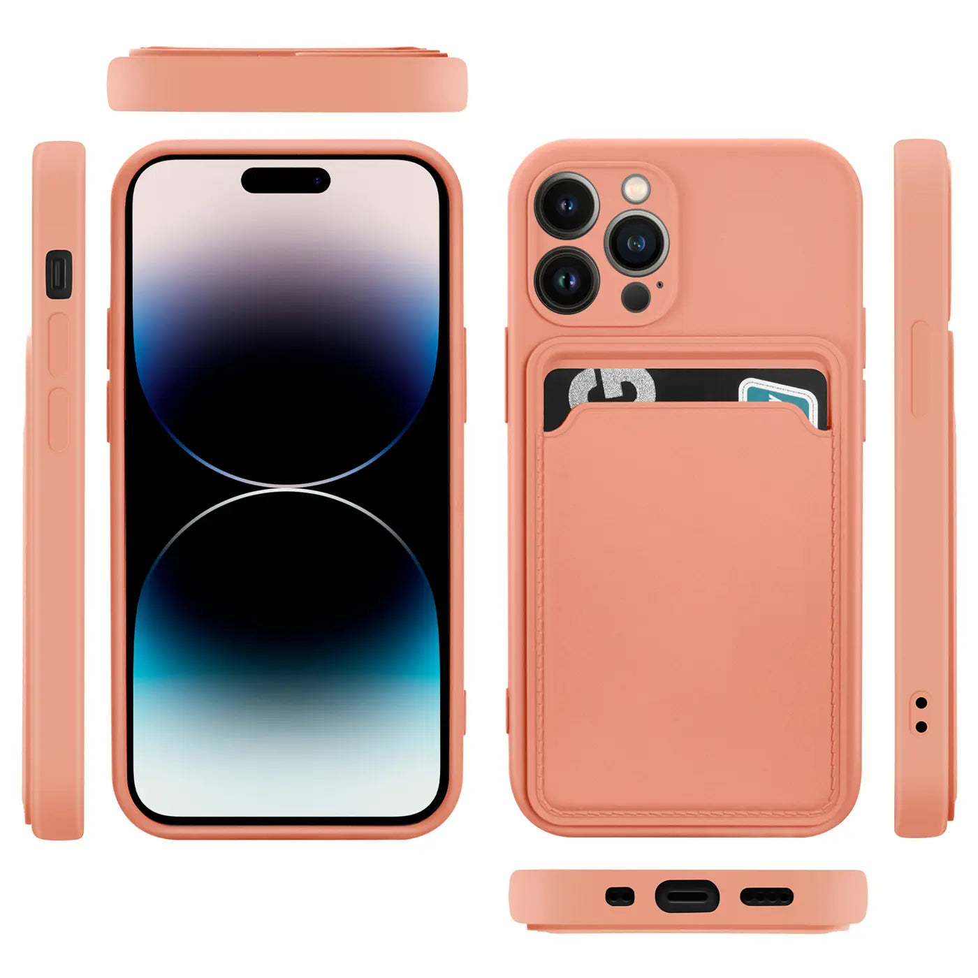 Korallenfarbene Slim Hülle mit Kartenfach für iPhone 14 Pro, verschiedene Ansichten.