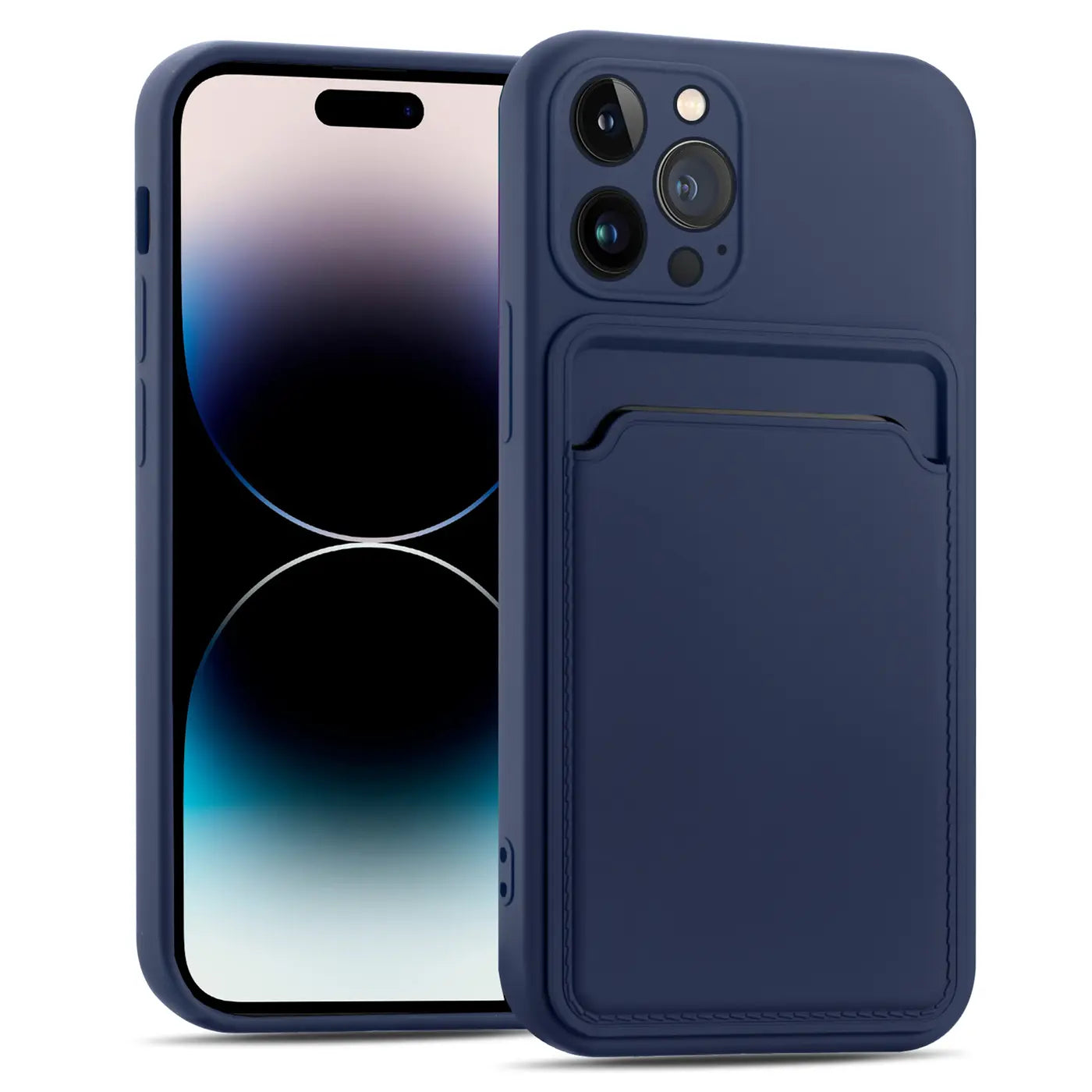 Dunkelblaue Hülle mit Kartenfach für iPhone 15 Pro, aus Kunstleder, Seitenansicht.