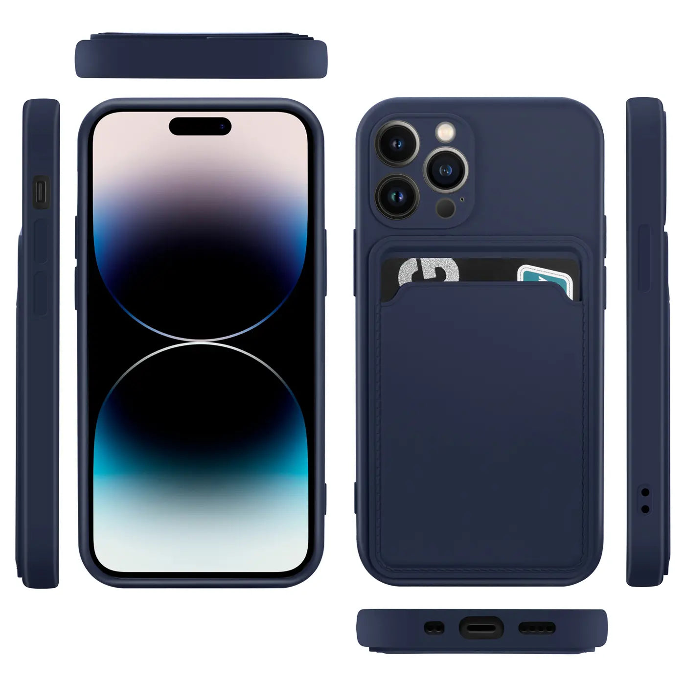 Dunkelblaue Hülle mit Kartenfach für iPhone 15 Pro Max, verschiedene Ansichten.