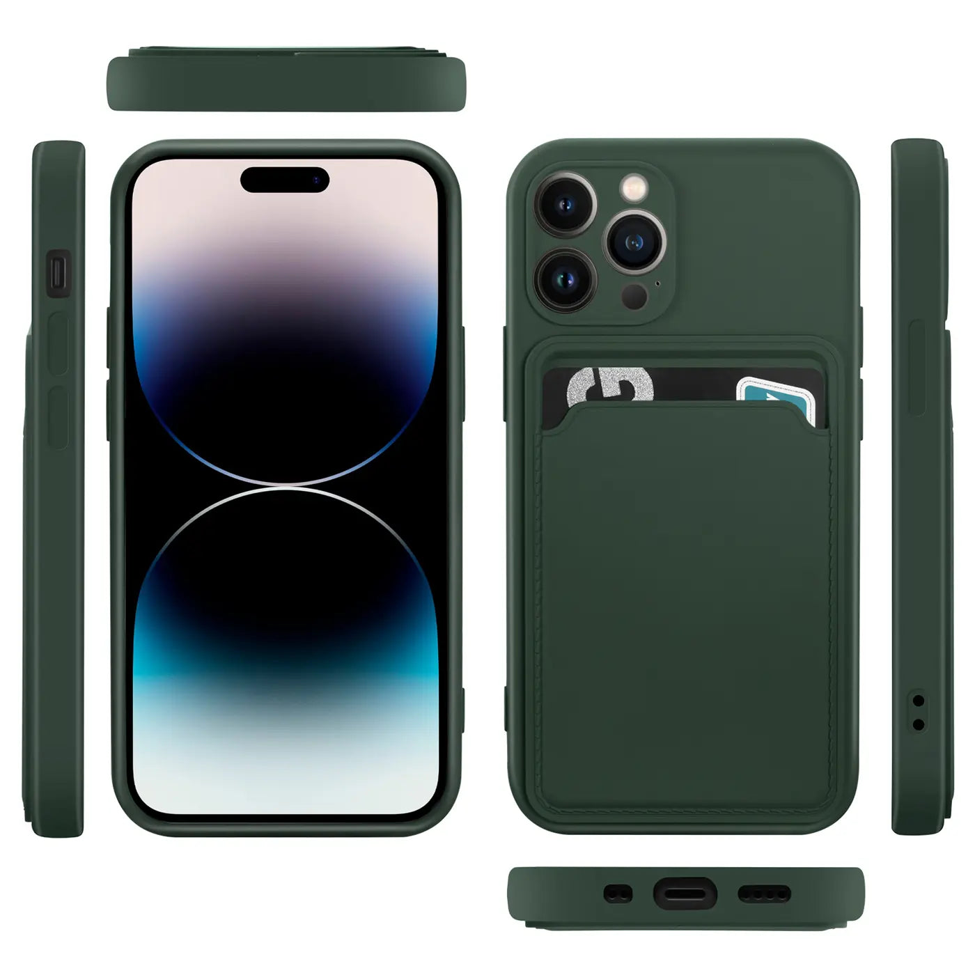 Dunkelgrüne Handyhülle mit Kartenfach für iPhone 15 Pro Max, verschiedene Ansichten.