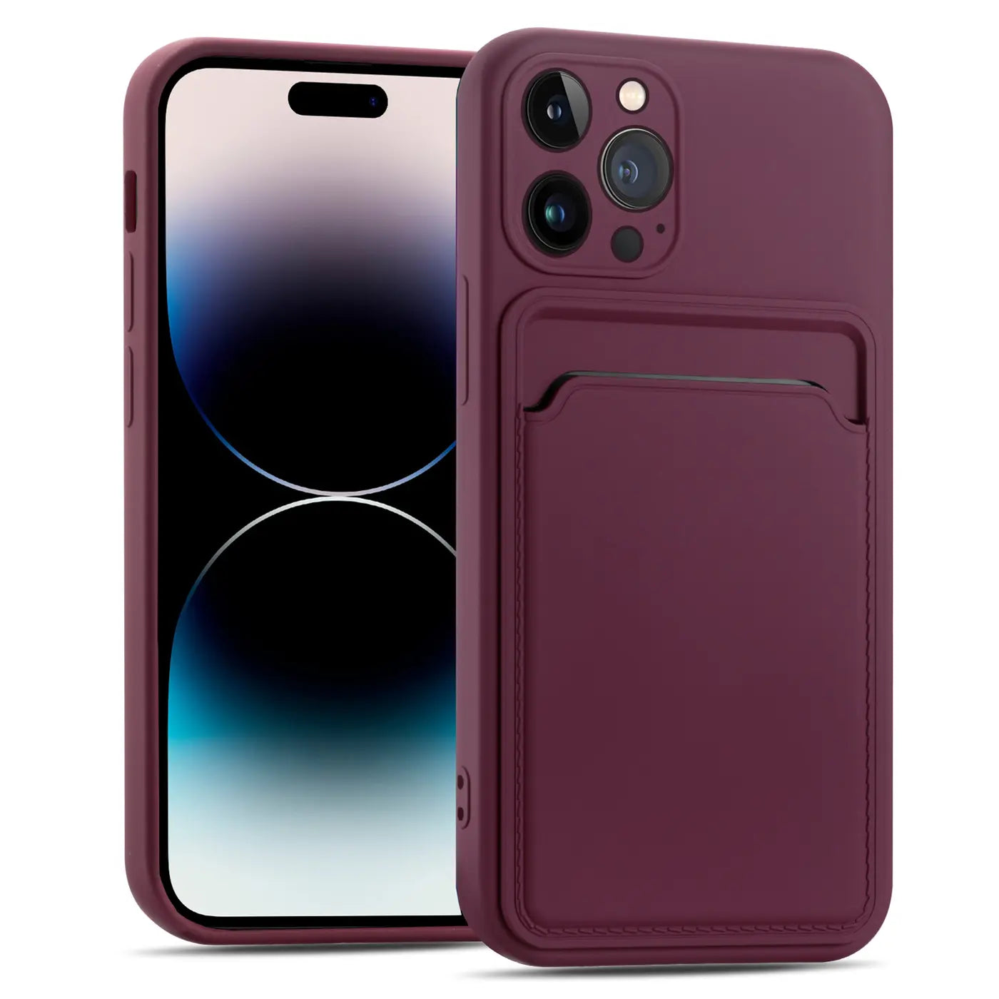 Dunkelrotes iPhone 15 Pro Max mit Kartenfach-Hülle, von vorne links, Leder-Optik