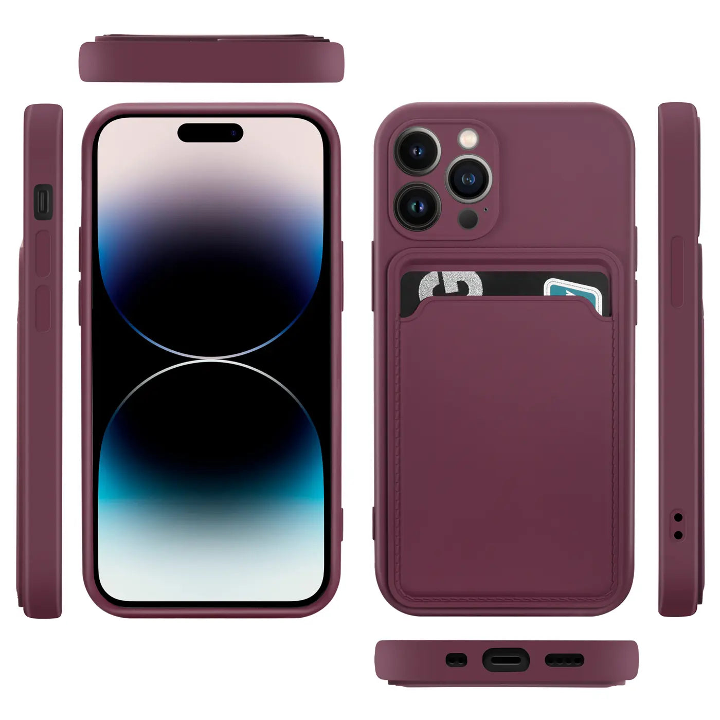 Lila iPhone 15 Pro Max Hülle aus Silikon mit Kartenfach, verschiedene Ansichten.