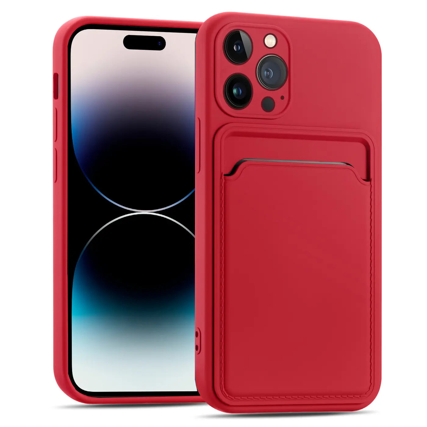 Rote Handyhülle aus Leder mit Kartenfach, Vorderansicht, iPhone 15 Pro Max.