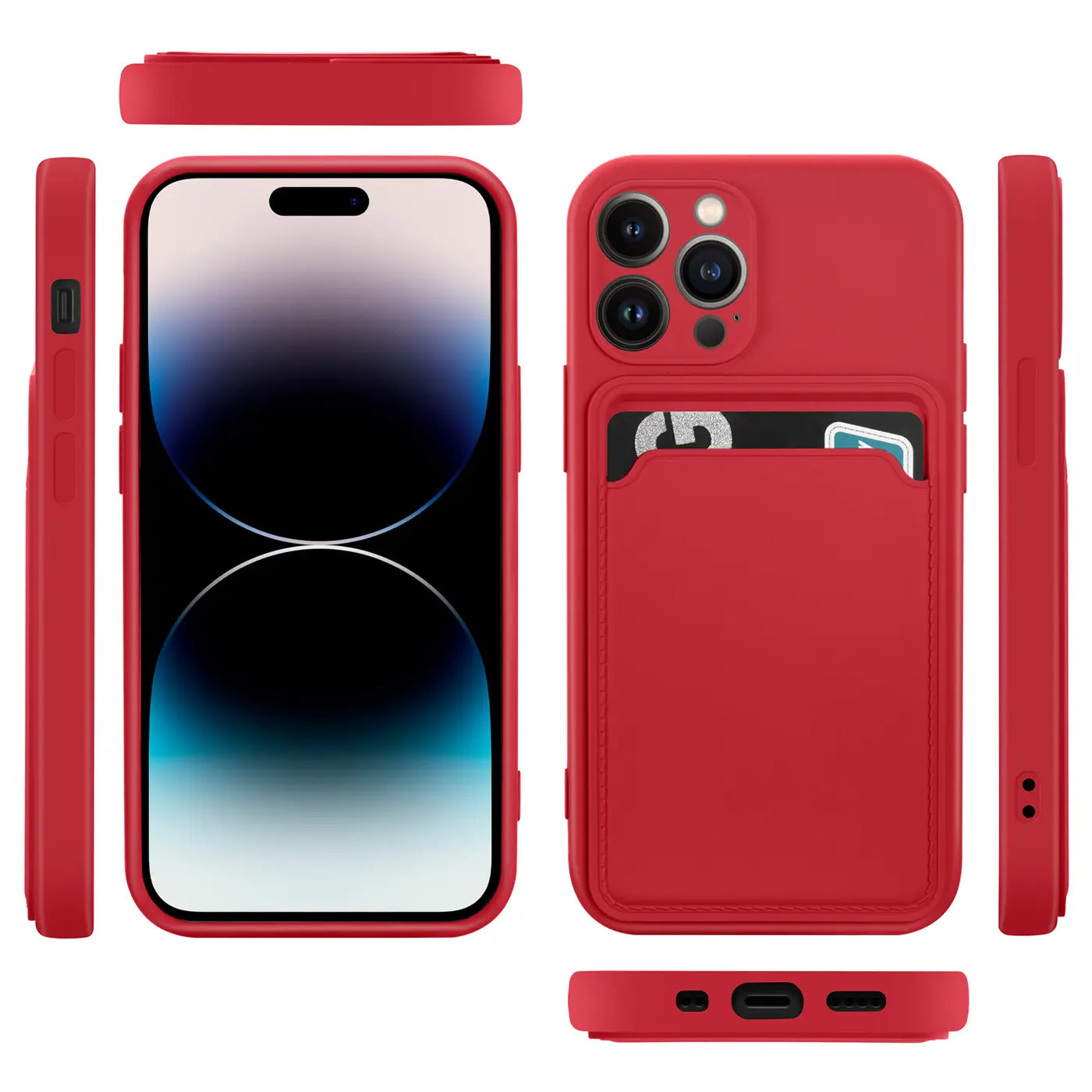 Rote Hülle mit Kartenfach für iPhone 15 Pro, verschiedene Ansichten, Silikon.