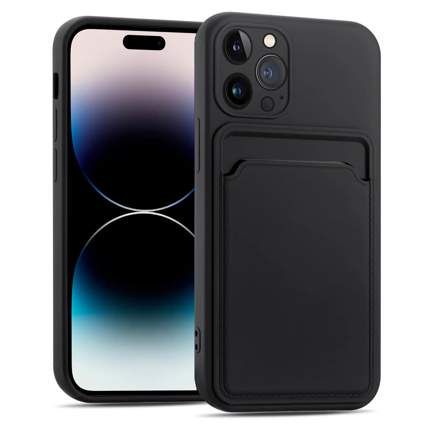 Schwarze Slim Hülle aus Leder mit Kartenfach für iPhone 15 Pro, Seitenansicht