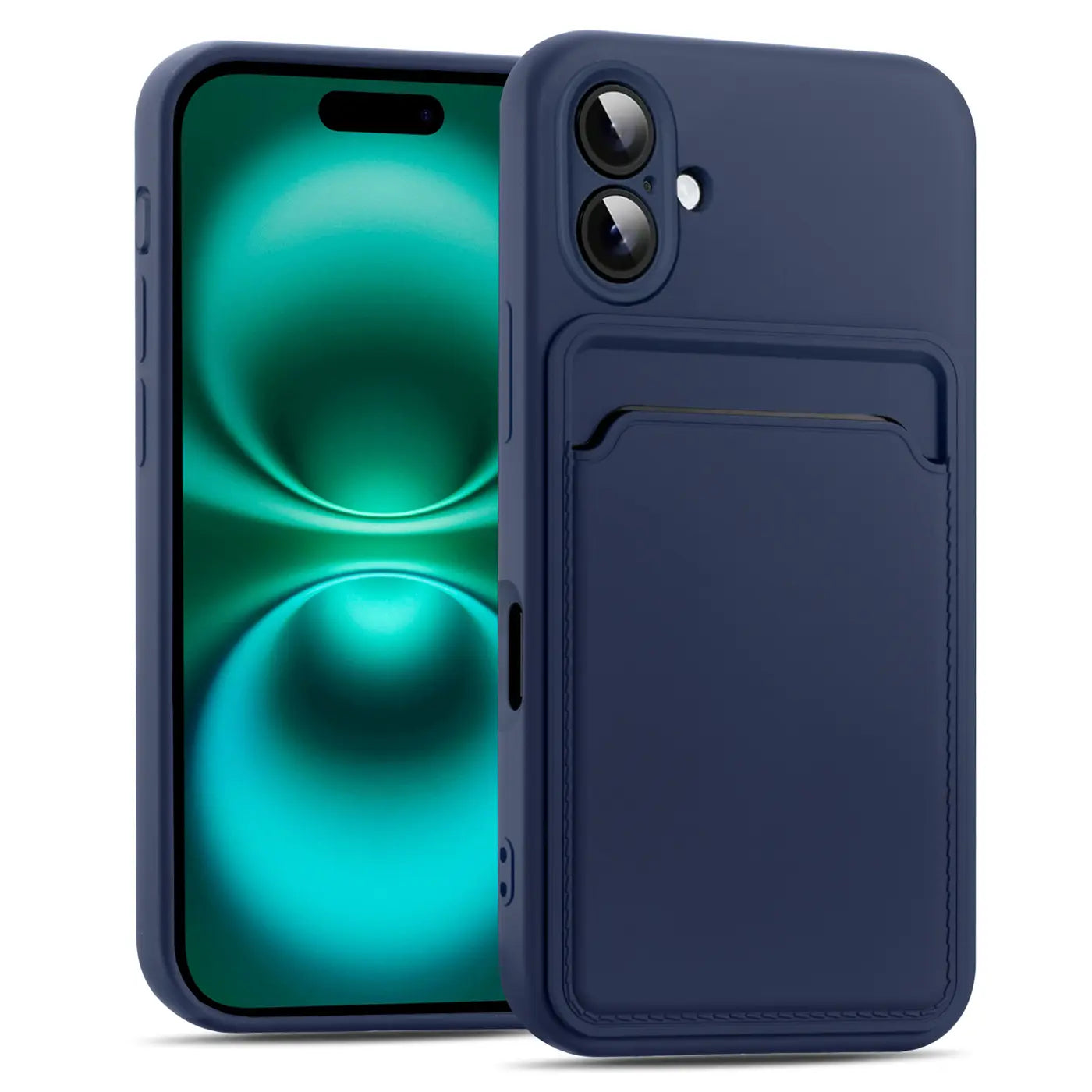 Dunkelblaue Handyhülle aus Silikon mit Kartenfach, Vorderansicht, iPhone 16.