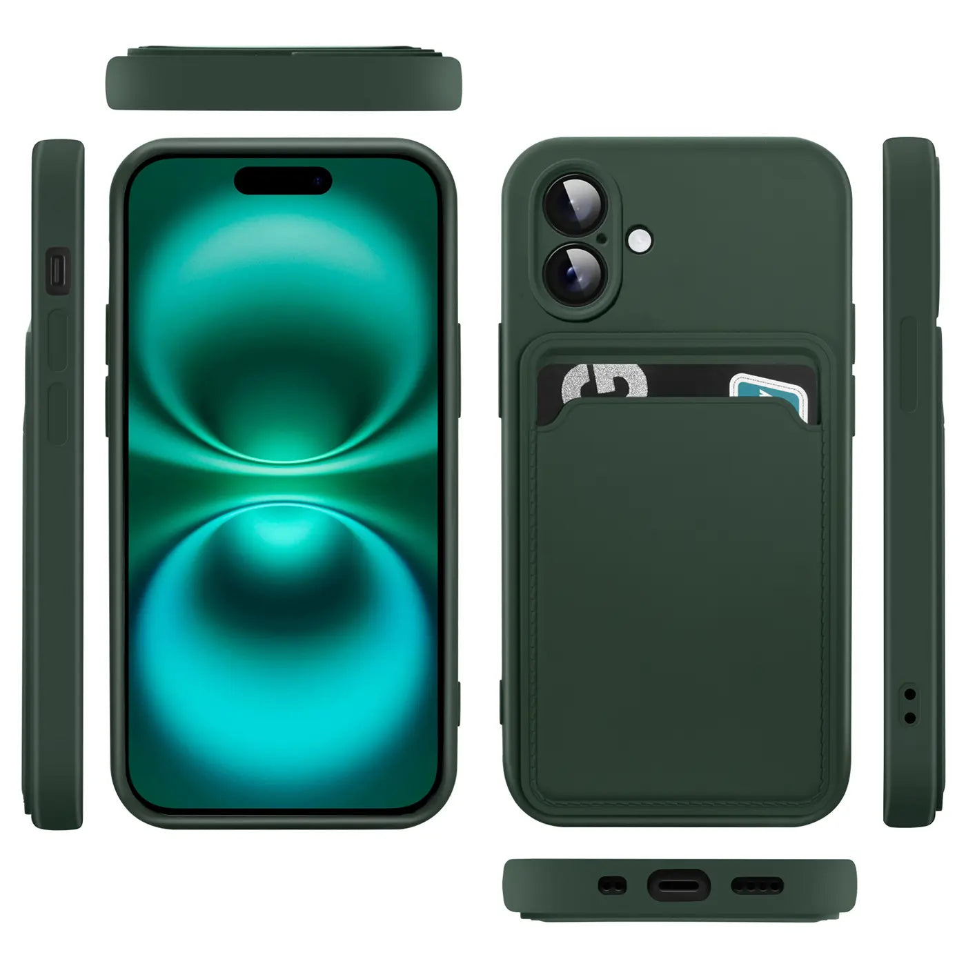 Dunkelgrüne Handyhülle aus Silikon mit Kartenfach, Vorder- und Rückansicht, iPhone 16.