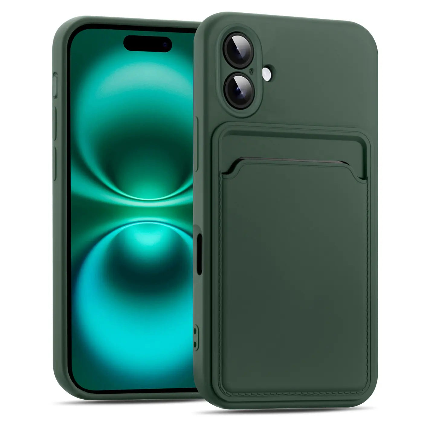 Dunkelgrüne Handyhülle aus Silikon mit Kartenfach, seitliche Ansicht, zeigt iPhone 16 Plus.