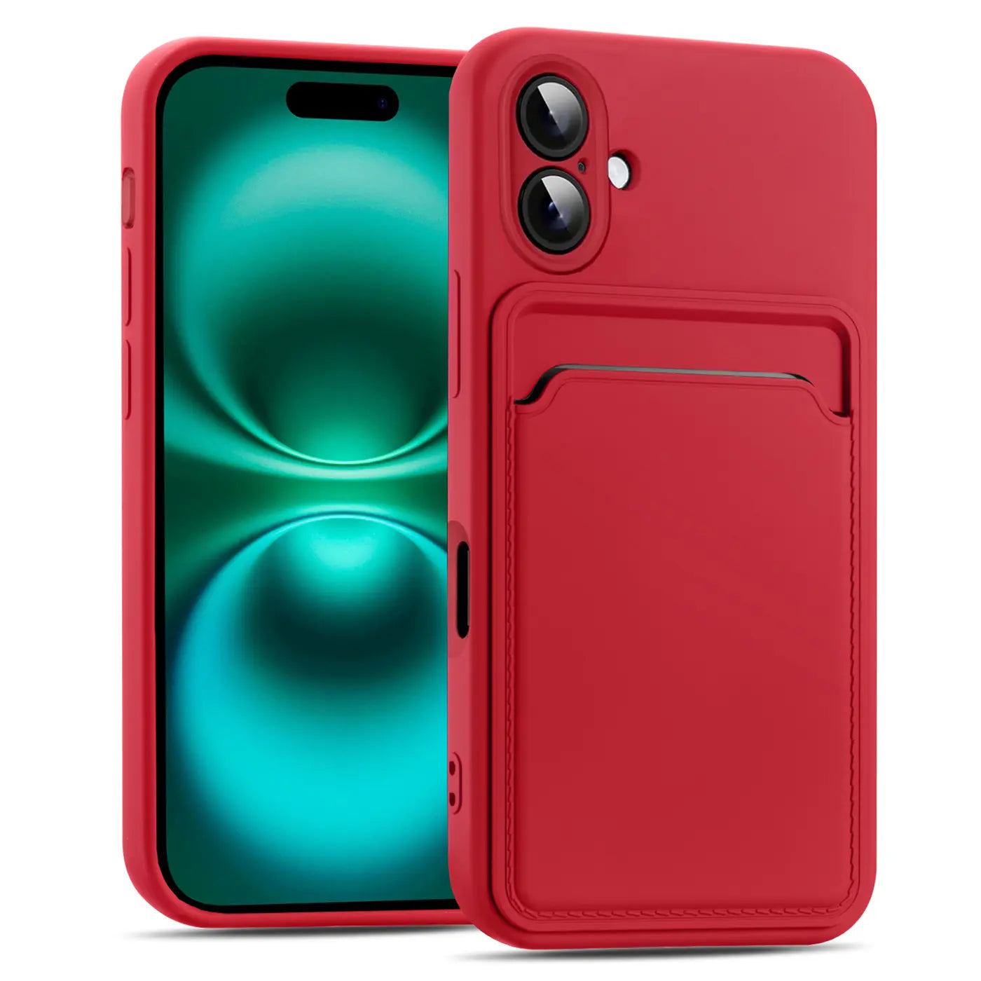 Rote Slim Hülle aus Silikon mit Kartenfach, Vorder- und Rückansicht, iPhone 16 Plus.
