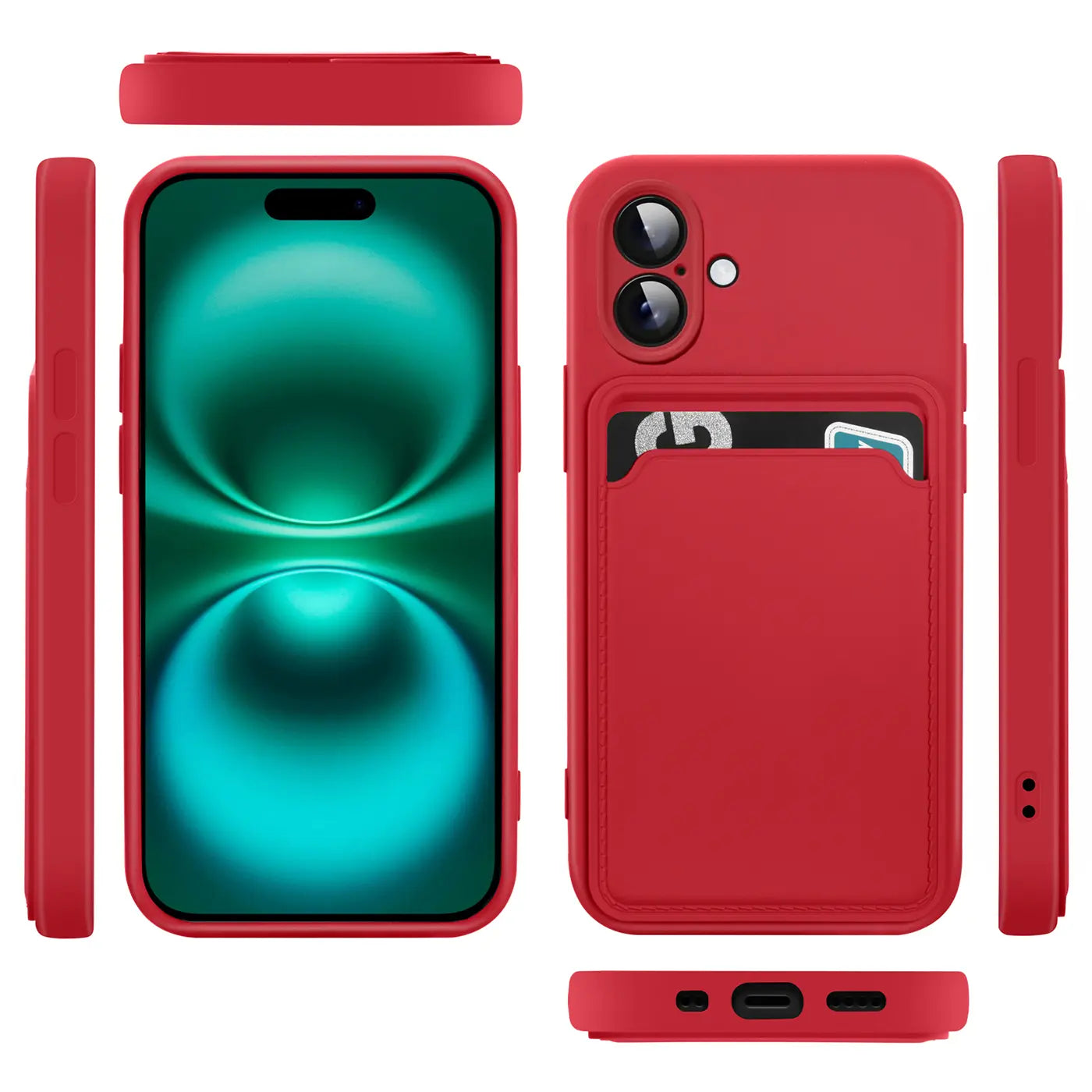 Rote Hülle aus Silikon mit Kartenfach für iPhone 16 Plus, verschiedene Ansichten.